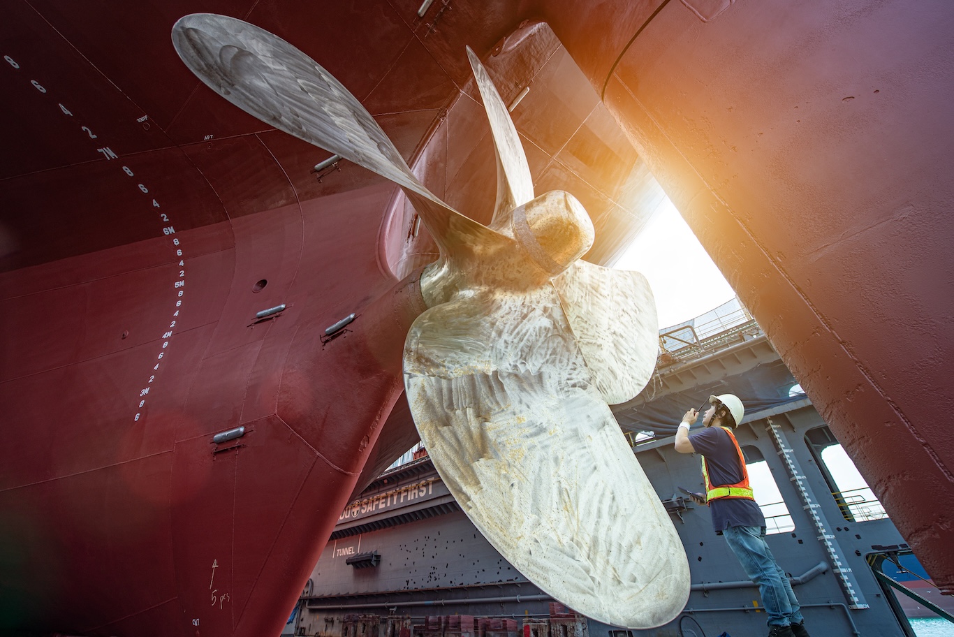 Engineer looking at a ship's propellor