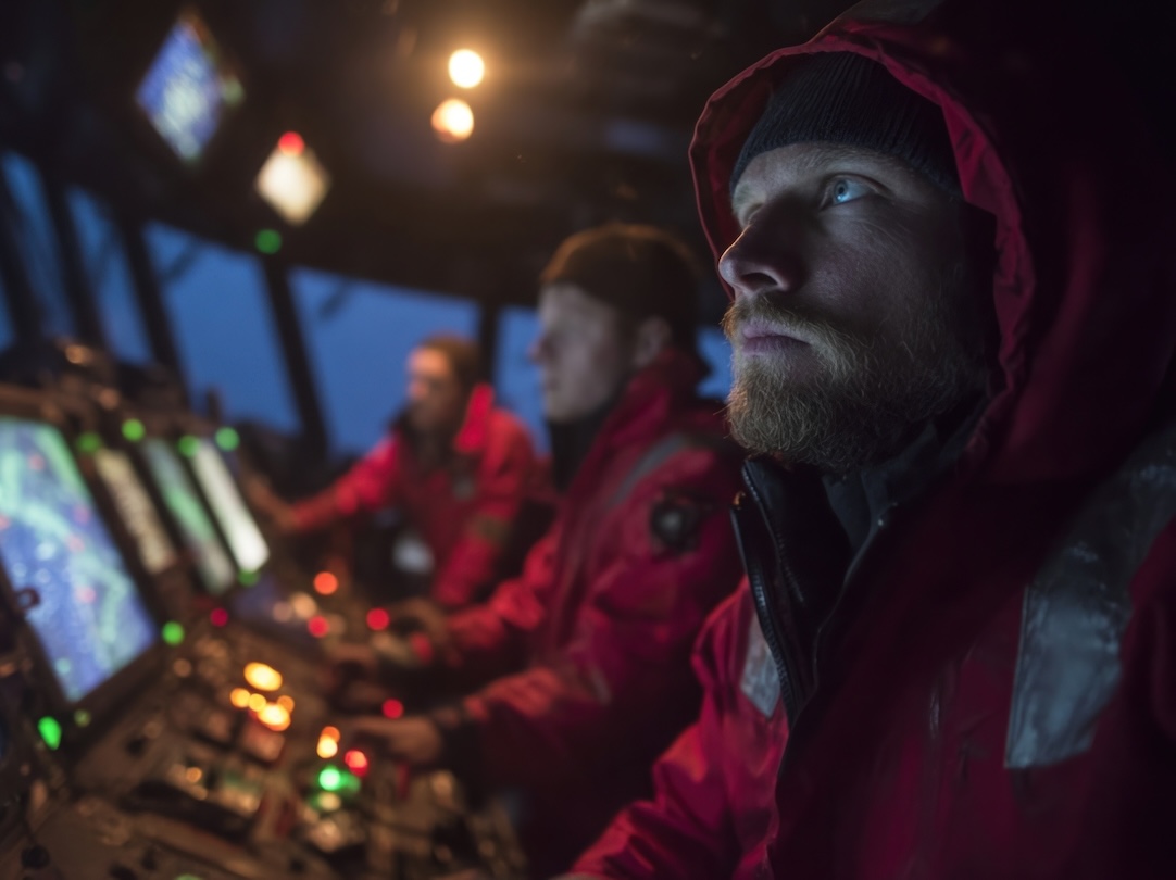 Crew members in the ship's bridge looking at instruments