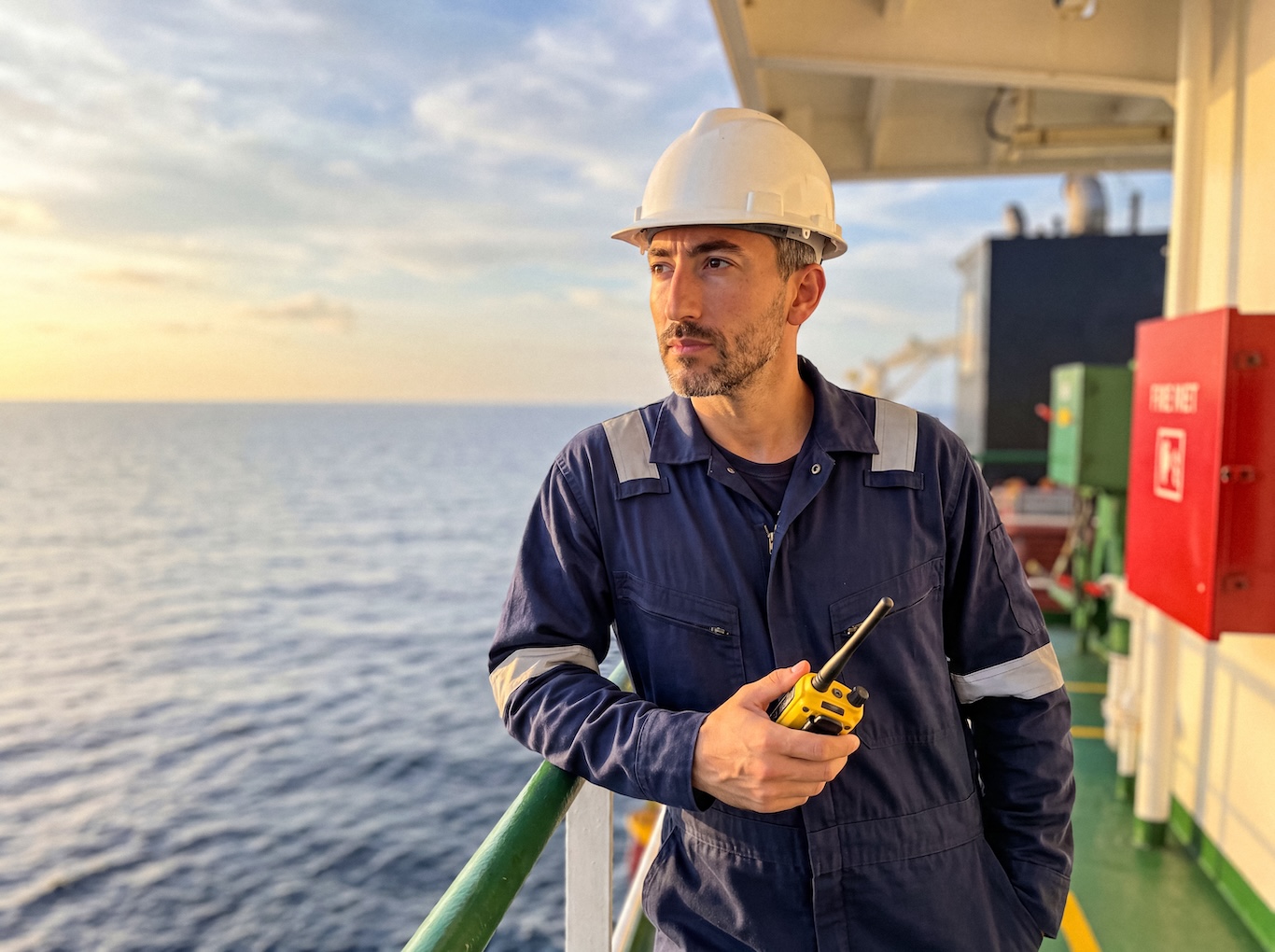 Crew member on deck with a radio